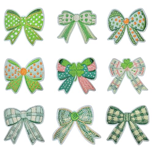 9 Stück St. Patrick's Day Patches, grüne Schleife, irisches Kleeblatt, Glückskleeblatt zum Aufbügeln auf bestickte Applikation, DIY Handwerk Geschenke für Kinder, Schleife zum Aufbügeln für Kleidung, von guoheduo