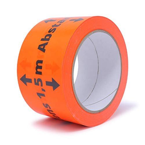 gws Hinweis-Klebeband Abstand halten 1,5 M! 1 Rolle Flurorange PVC | Kräftiges Markierungsband in Profi-Qualität | Warnband Paketband | 60 mm x 66 m von gws