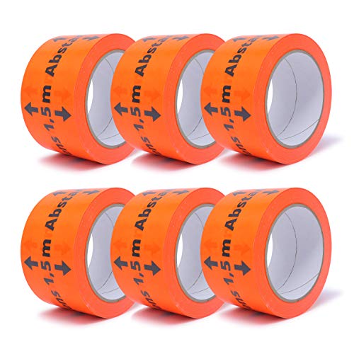 gws Hinweis-Klebeband Abstand halten 1,5 M! Flurorange PVC | Kräftiges Markierungsband in Profi-Qualität | Warnband Paketband | 60 mm x 66 m (6 Rollen) von gws