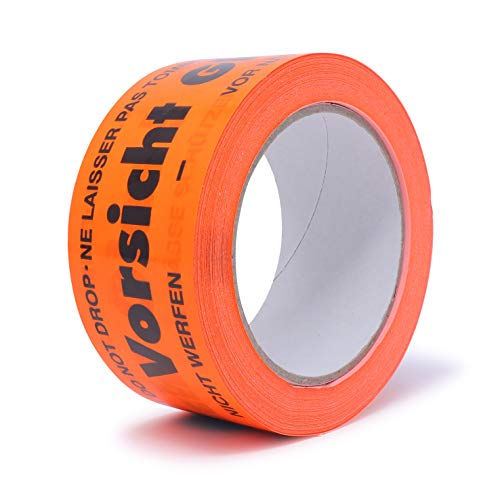 gws Hinweis-Klebeband Vorsicht Glas 1 Rolle Flurorange PVC | Kräftiges Verpackungsklebeband in Profi-Qualität | Warnband Paketband | 50 mm x 66 m von gws