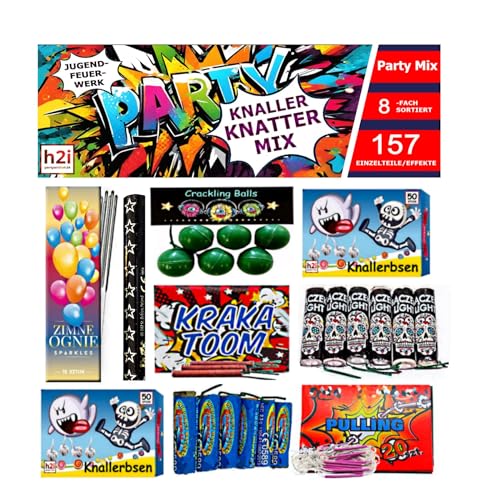 h2i Knaller Knatter Premium Mix | 157 Teile | 8fach Sortiert & handverlesen| Partyspaß für Klein & Groß I für Silvester Halloween & Partys | Kinder & Jugendfeuerwerk | a | Ganzjahresfeuerwerk Kat. F1 von h2i