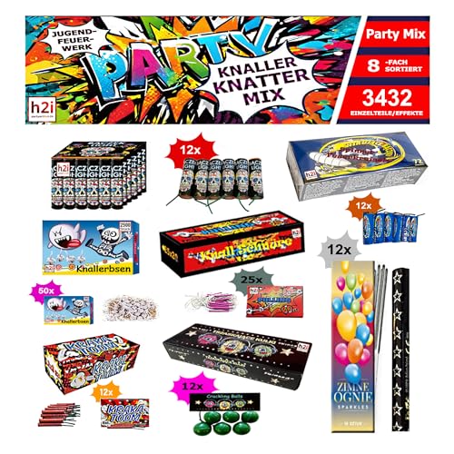 h2i Knaller Knatter Premium Mix | 3432 Teile | 8fach Sortiert & handverlesen| Partyspaß für Klein & Groß I für Silvester Halloween & Partys | Kinder & Jugendfeuerwerk | o | Ganzjahresfeuerwerk Kat F1 von h2i