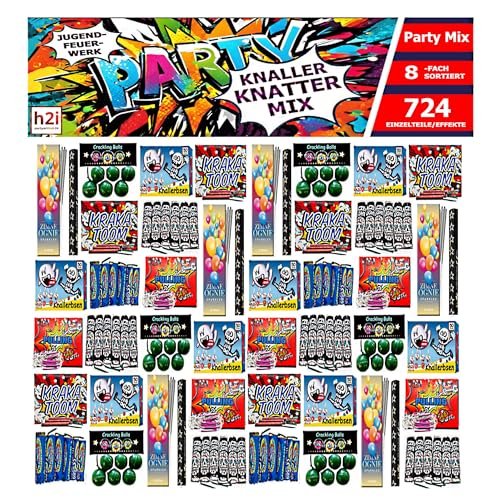 h2i Knaller Knatter Premium Mix | 724 Teile | 8fach sortiert & handverlesen| Partyspaß für Klein & Groß I für Silvester Halloween & Partys | Kinder & Jugendfeuerwerk | c | Ganzjahresfeuerwerk Kat. F1 von h2i