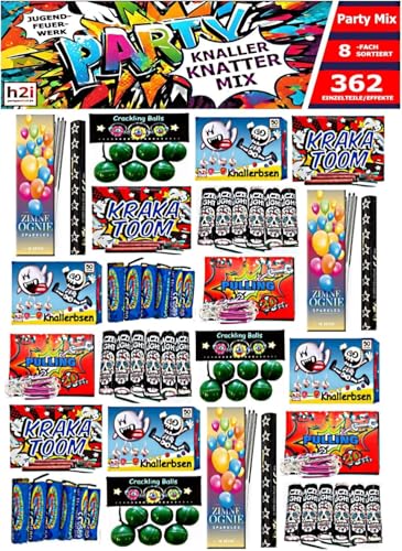 h2i Knaller Knatter Premium Mix | 362 Teile | 8fach Sortiert & handverlesen| Partyspaß für Klein & Groß I für Silvester Halloween & Partys | Kinder & Jugendfeuerwerk | f | Ganzjahresfeuerwerk Kat. F1 von h2i