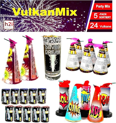 h2i Vulkan Mix | 24 St. | 5fach Sortiert | Outdoor Vulkan Mix für Silvester, Halloween & Partys | Kinder & Jugendfeuerwerk | a | Ganzjahresfeuerwerk Kat 1 von h2i