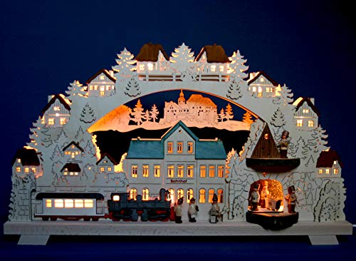 Großer 3D - Schwibbogen 68cm Bahnhof mit Zug und Bergwerk - Handarbeit aus dem Erzgebirge - Lichterbogen für Weihnachten von hand.kunst.ERZ