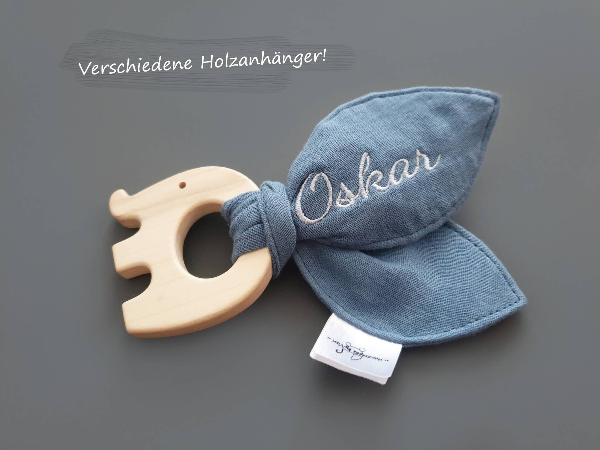 Greifling Mit Knisterohren Name | Blue Shadow Denimblau Musselin Holz Babytuch Babygeschenk Knistertuch Baby Personalisiert von handmadebyvieri