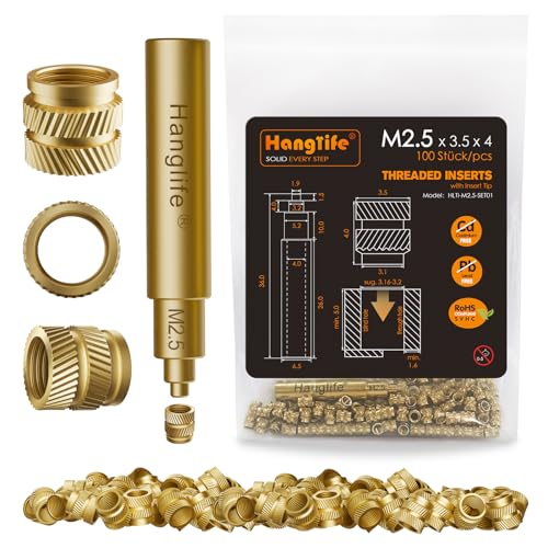 HANGLIFE M2.5 Gewindeeinsätze mit Lötspitzen Einschmelzhilfe, Einpressmuttern mit Lötkolben Spitzen für 3D Druck Zubehör - Messing Metrische Einschmelzgewinde Gewindehülse -Threaded Inserts(100 Stück) von Hanglife