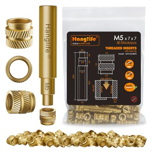 HANGLIFE M5 Gewindeeinsätze mit Lötspitzen Einschmelzhilfe, Einpressmuttern mit Lötkolben Spitzen für 3D Druck Zubehör - Messing Metrische Einschmelzgewinde Gewindehülse - Threaded Inserts(50 Stück) von Hanglife