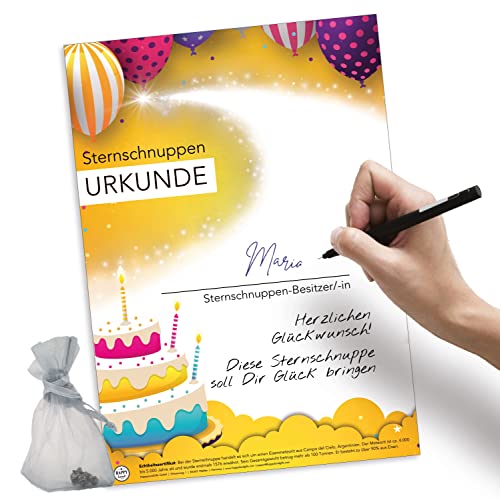 happylandgifts® Echte Sternschnuppe als Geburtstagsgeschenk | Echter Meteorit | Hochwertige Urkunde mit Wunschname zum selber eintragen | Geburtstag von happylandgifts