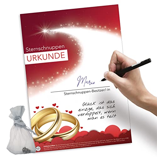 happylandgifts® Echte Sternschnuppe als HOCHZEITSGESCHENK | Echter Meteorit | Hochwertige Urkunde mit Wunschname zum selber eintragen | Hochzeit von happylandgifts