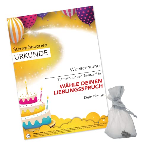 happylandgifts® Premium | Echte Sternschnuppe als Geburtstagsgeschenk | Personalisierte Urkunde mit Wunschname und persönlicher Widmung | Geschenk von happylandgifts