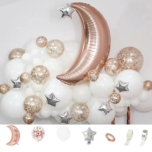 Ballonbogen-Kit, Weißgold-Ballon-Girlande mit metallisch-goldenem Konfetti-Latex-Luftballons, Mondstern-Folienballon-Set für Hochzeit, Geburtstagsfeier, Babyparty, Jahrestag, Ramadan-Dekorationen von hardinox