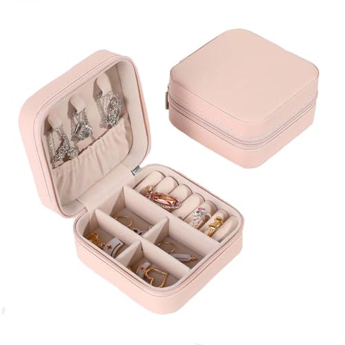 Damen-Reise-Schmuckschatulle mit Spiegel, kleine Perlenbox, Ohrringe, Ringe, Halsketten, Armbänder, tragbare Mini-Schmuckschatulle (Rosa, 10 x 10 x 5 cm) von hardinox