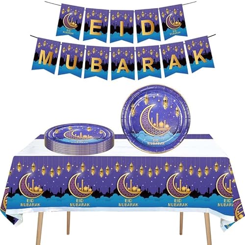 Ramadan Eid Mubarak Party-Set, Ramadan-Partyzubehör beinhaltet Pappteller, Eid Mubarak Banner, Einweg-Tischdecke, Dekorationsset für Zuhause, Tisch und Ramadan-Festival-Mottoparty von hardinox