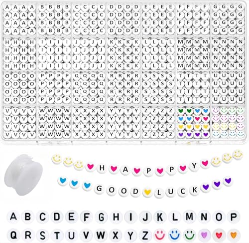 1400 Stück Alphabet Perlen Kit, 7mm A-Z Buchstabenperlen und Bunte Smiley Herz Perlen, Armbänder Selber Machen, Buchstaben Perlen zum Auffädeln und für Schmuck DIY Crafts von hautllaif