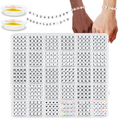 hautllaif 1520 Stück Alphabet Perlen Kit, 7mm A-Z Buchstabenperlen und Bunte Smiley Herz Perlen, Armbänder Selber Machen, Buchstaben Perlen zum Auffädeln und für Schmuck DIY Crafts von hautllaif