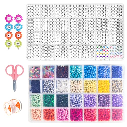 hautllaif Alphabet Perlen Kit, 7mm A-Z Buchstabenperlen und Bunte Smiley Herz Perlen, Armbänder Selber Machen, Buchstaben Perlen zum Auffädeln und für Schmuck DIY Crafts (5200) von hautllaif