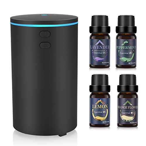 Aroma Diffuser Enthält 4 ätherische Öle, Mini USB Ultraschall Luftbefeuchter, 60ml Cool Mist Humidifier mit 7 Farben LED, Automatische Abschaltung und Super leise, DuftöL Diffuser für Auto (Schwarz+4) von hcjylly