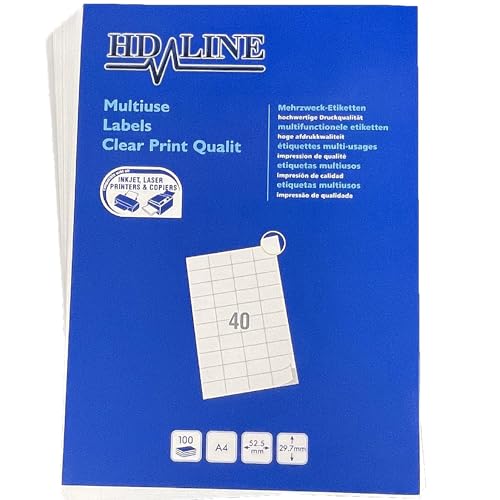 Hd-line Universal Etiketten 1 Packungen, 52,5 x 29,7 mm, 100 Blatt, 4000 Stück, selbstklebend, bedruckbar, matt, blanko Papier Klebeetiketten Aufkleber, 40 pro A4 Bogen, weiß von hd-line