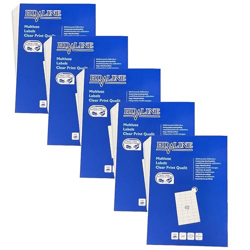 Hd-line Universal Etiketten 5 Packungen, 52,5 x 29,7 mm, 100 Blatt, 20000 Stück, selbstklebend, bedruckbar, matt, blanko Papier Klebeetiketten Aufkleber, 40 pro A4 Bogen, weiß von hd-line
