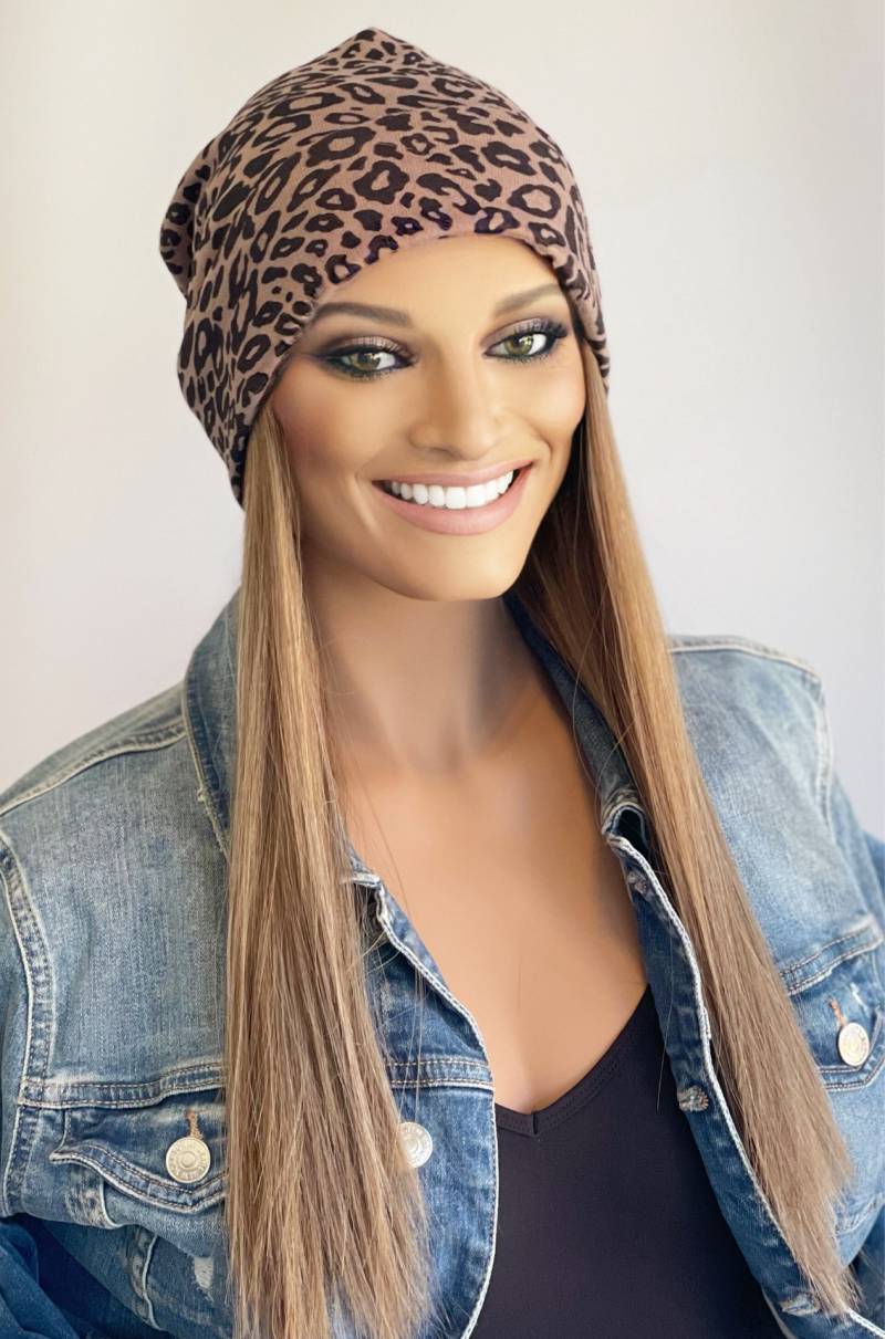 Leichte Beanie Mit Leopardenmuster Und Langen Haaren Hut Angebrachten | Perücke| Mütze Haaren| Haare|Perücke Hut|Perücke Haar von headscarvesbyciara1