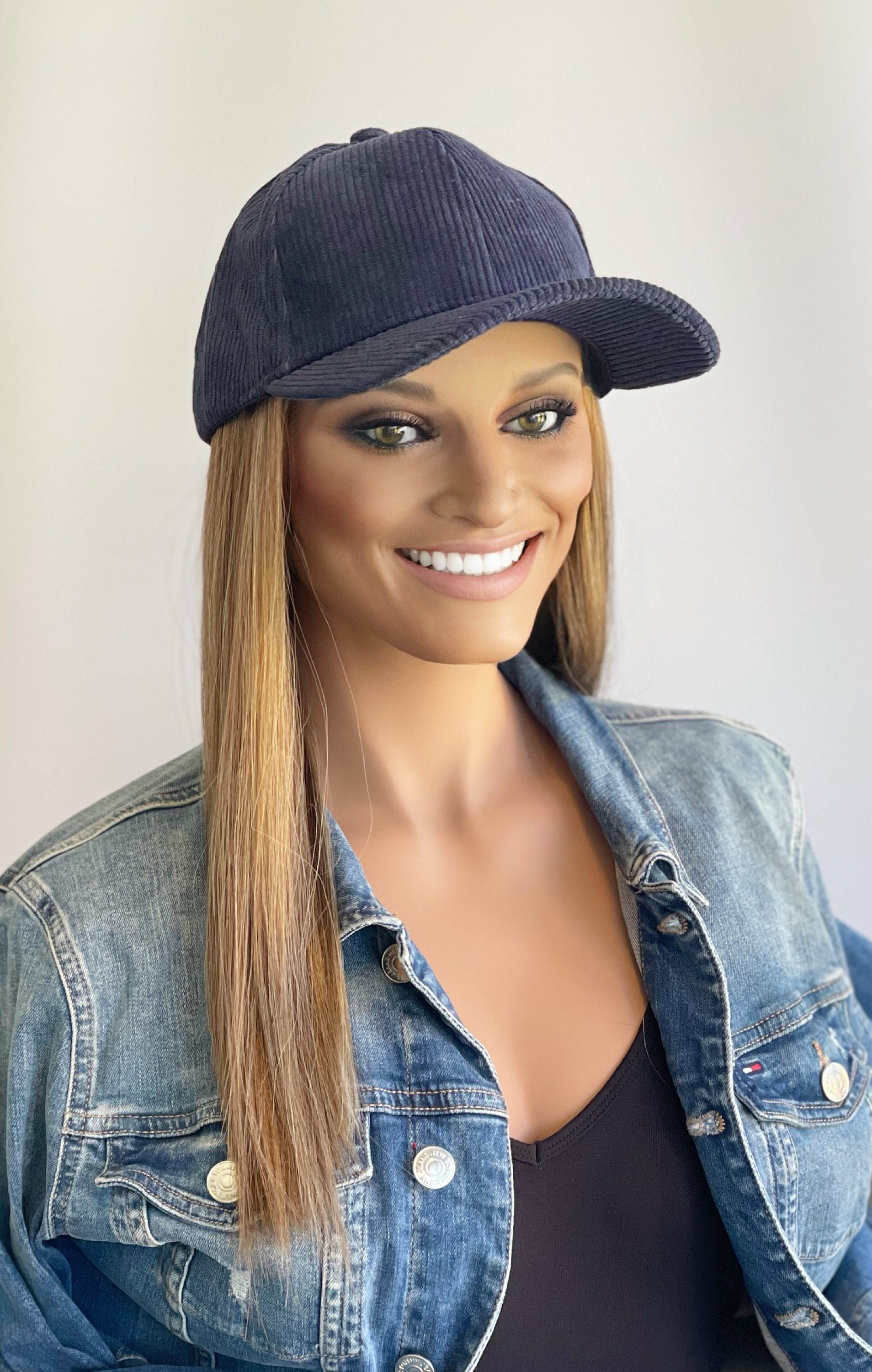 Navy Cord Baseball Cap Mit Langen Haaren Befestigt | Mütze Befestigt| Hut Perücke| Haaren| Huthaar|Mütze|Wig Haar von headscarvesbyciara1