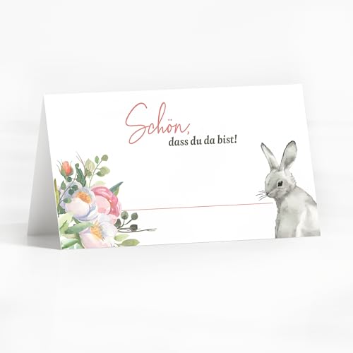 25 Tischkarten Ostern mit Osterhase mit Osterkorb Platzkarten zum Selbst beschriften mit "Schön dass du da bist" Aquarell Sitzkarten Osterbrunch Tischdeko von heaven+paper