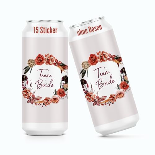 heaven+paper Prosecco Dosen Aufkleber JGA Blumenkranz "Team Bride" Deko jga Accessories & Hochzeit Deko außergewöhnlich (15x Set) für alle üblichen Sektdosen - Prosecco Dosen Sticker selbstklebend von heaven+paper