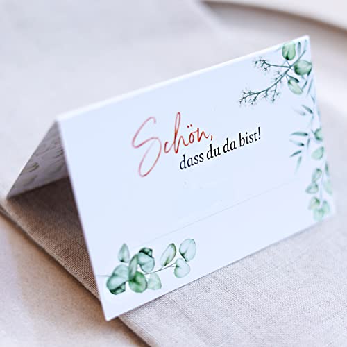 50 Tischkarten Eukalyptus Design I Hochzeit oder Taufe I Platzkarten zum Selbst beschriften mit Text "Schön dass du da bist" I edle Sitzkarten von heaven+paper