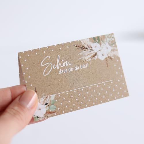 50 Tischkarten Eukalyptus Boho Design I Hochzeit oder Taufe I Platzkarten zum Selbst beschriften mit Text "Schön dass du da bist" I edle Sitzkarten von heaven+paper