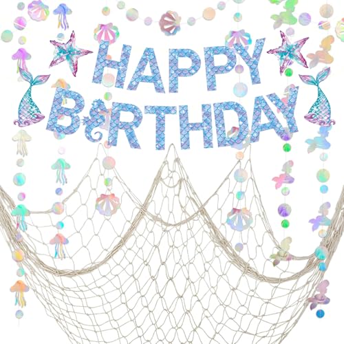 Party Deko Geburtstag Meerjungfrau, Fischernetz Deko Wand 100cm x 200cm, Happy Birthday Banner Girlande, Bunt Glitzer Papier Garland, Unterwasserwelt Kindergeburtstag Deko von heavenlife