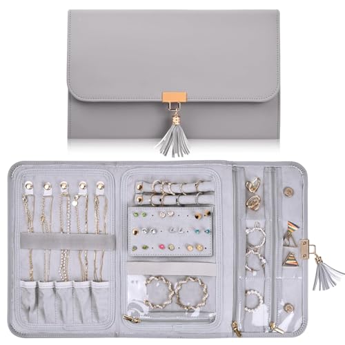 Schmuck Organizer, 28x17,6cm, Schmuckaufbewahrung Reise Wasserdicht Leder Schmuckschatulle, 2 Ring Schnallen Band, 1 Ohrring Panel, 5 Halskette Schnallen Riemen, 6 Taschen, 1 Reißverschlusstasche von heavenlife