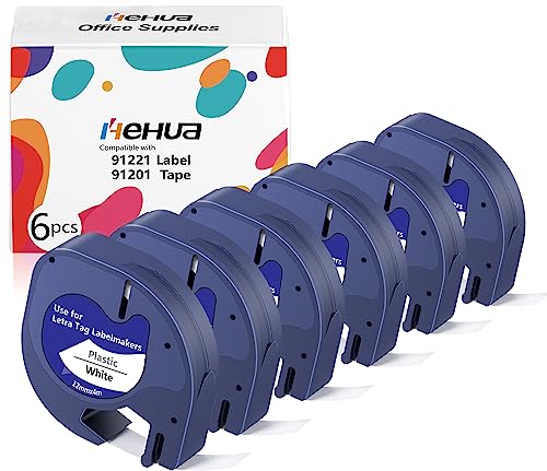 6 X Hehua Kompatible Band für Dymo Letratag Etikettenband Kunststoff 12mm x 4m für Dymo Letratag Xr LT-100h LT110T LT-100T QX50 XR XM 2000 Plus, Schwarz auf Weiß Dymo 91221 S0721660 von hehua