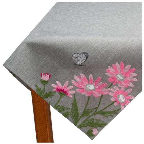 Tischdecke Leinen-Optik Bestickt Deko Esszimmer Serie Margariten Blumen Tischwäsche grau Stickerei Schmetterling Tischdeko Frühling Typ886 Mitteldecke 85x85 cm rosa von heimtexland