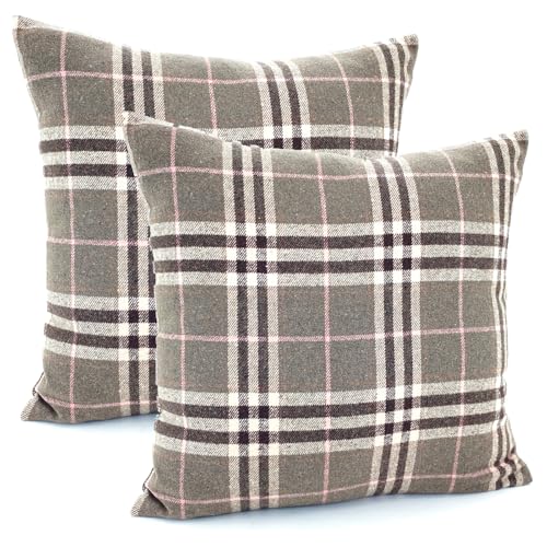 heimtexland ® 2er Set Dekokissen mit Woll-Charakter Tartan kariert Kissen Schotten-Karo Deko Kissenhülle 45x45 cm Doppelpack Typ899 Khaki-rosa von heimtexland