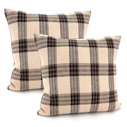 heimtexland ® 2er Set Dekokissen mit Woll-Charakter Tartan kariert Kissen Schotten-Karo Deko Kissenhülle 45x45 cm Doppelpack Typ899 beige-braun von heimtexland