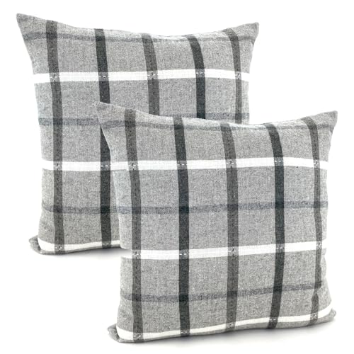 heimtexland ® 2er Set Dekokissen mit Woll-Charakter Tartan kariert Kissen Schotten-Karo Deko Kissenhülle 45x45 cm Doppelpack Typ899 grau-weiß von heimtexland