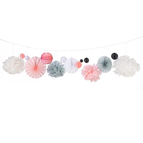 heimtexland ® Party Deko Set Pompoms Papier Lampions Wabenbälle Dekoration Hochzeit Taufe Geburtstag Girlande Hängedeko Typ863 Rosa Grau 20 Teile von heimtexland