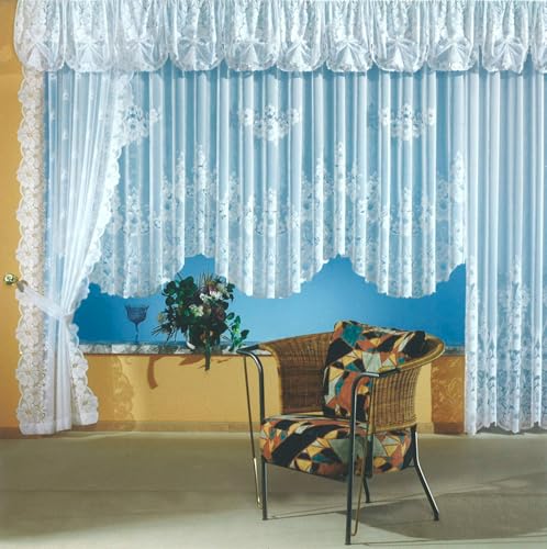 heimtexland Gardinen Jacquard Store mit Kräuselband weiß halb-transparent, Blumen Bordüre gebogt, Vorhang Typ1 - Querbehang gerafft H47 cm mit 12 Bögen für Fensterbreiten von 360-385 cm von heimtexland