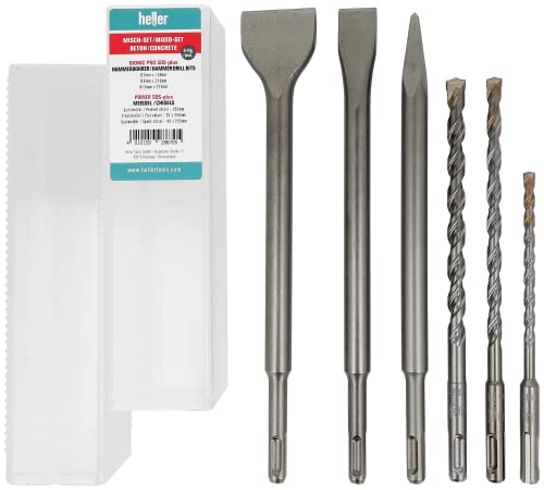 Heller Tools 2011 Bohrer und Meißel Set für Stein und Beton, Spitz-, Flach- und Spatmeißel, SDS-plus Bohrer Ø 6,8,10, 6-teilig, bohrer meißel set, sds plus von heller