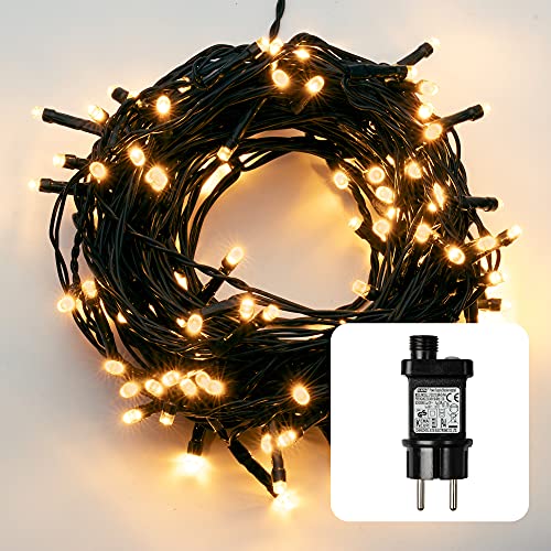 hellum Lichterkette außen 80 LED klassisch warmweiß, Lichterkette mit Timer, Weihnachtsbuambeleuchtung außen, LED Lichterkette außen, LED Lichterkette 7,9m, Kabelfarbe grün <59 Lumen 576603 von hellum