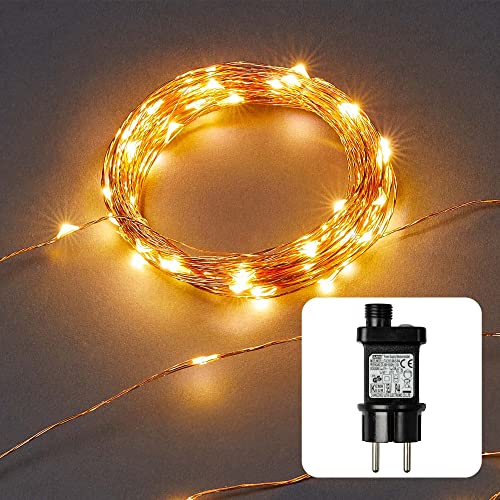 hellum LED Lichterkette außen Kupferkabel 100 warm-weiße LED beleuchtet 19,8m Lichterkette mit Timer+Trafo+Aufrollhilfe für Kinderzimmer Garten Balkon Party Hochzeit Weihnachten Innen+Außen 578904 von hellum