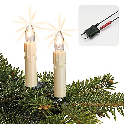 Hellum Weihnachtsbaum Lichterkette Wachstropfen Made in Germany, 13,3m beleuchtet 20 Riffelkerzen elfenbein, Kerzen für innen mit Clip, grünem Kabel und teilbaren Stecker, klar Glühfaden <59lm 812077 von hellum