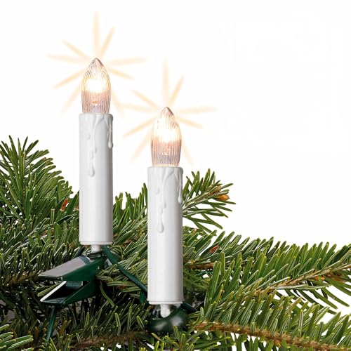 hellum Lichterkette Weihnachtsbaum, 15 Weihnachtskerzen in weiß mit Clip, Lichterkette innen mit Stecker, beleuchtete Länge 9,80m, Abstand 70cm, Kabelfarbe grün <59 Lumen 150933 von hellum