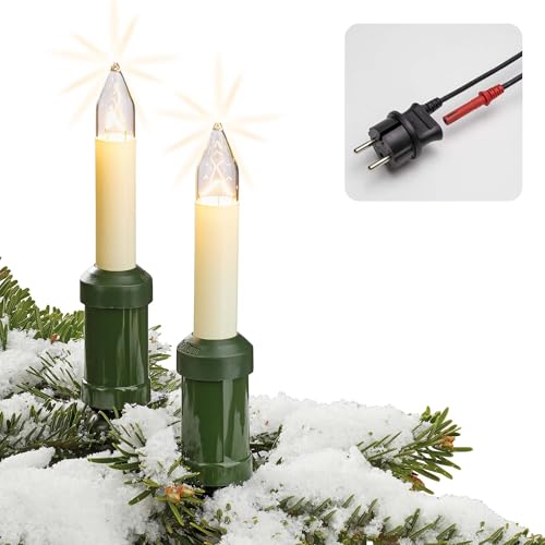 Hellum Weihnachtsbaum Lichterkette aussen Made in Germany, 11,2m beleuchtet, 15 weiße Schaftkerzen, Clip, Weihnachtsbaumbeleuchtung aussen, klar Glühfaden, Kabel schwarz teilbarer Stecker <59lm 845006 von hellum