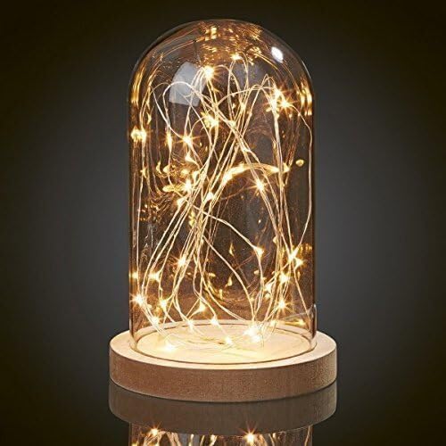 Helum Glasglocke mit Lichterkette warmweiß mit 30 LEDs, Glasglocke mit Holzboden 13x23cm batteriebetrieben (3xAA, nicht ink.) mit Timer, Glaskuppel mit Holzboden indoor, Glas mit Lichterkette 152975 von hellum