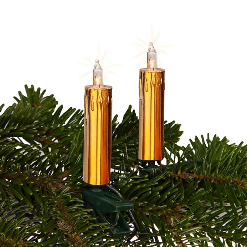 hellum 20er Minischaft Lichterkette mit Stecker, Lichterkette Weihnachtsbaum, 20 warmweißen Lichtern, Kabel grün Kerzen gold Wachsoptik, Gesamtlänge 12,5 m mit 2x1,5 m Zuleitung <59 lumen 152494 von hellum