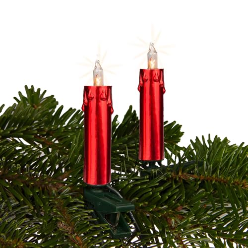 hellum 20er Minischaft Lichterkette mit Stecker, Lichterkette Weihnachtsbaum, 20 warmweißen Lichtern, Kabel grün Kerzen rot Wachsoptik, Gesamtlänge 12,5 m mit 2x1,5 m Zuleitung <59 Lumen 152500 von hellum