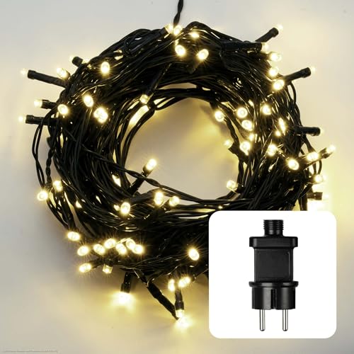 hellum LED Lichterkette Außen oder Innen I Lichterkette Warmweiß I Lichterkette LED strombetrieben mit 200 LED I Weihnachtsbaumbeleuchtung mit Kabel in Grün <59 lm 561432 von hellum